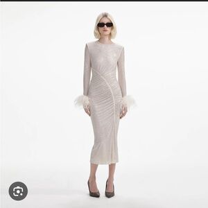 Self Portrait Size 10 White Glitter Dress with Feather Sleeves